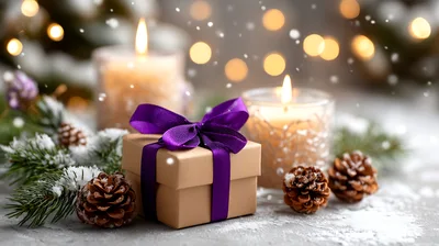 Christmas Gift Box With Purple Ribbon And Candles