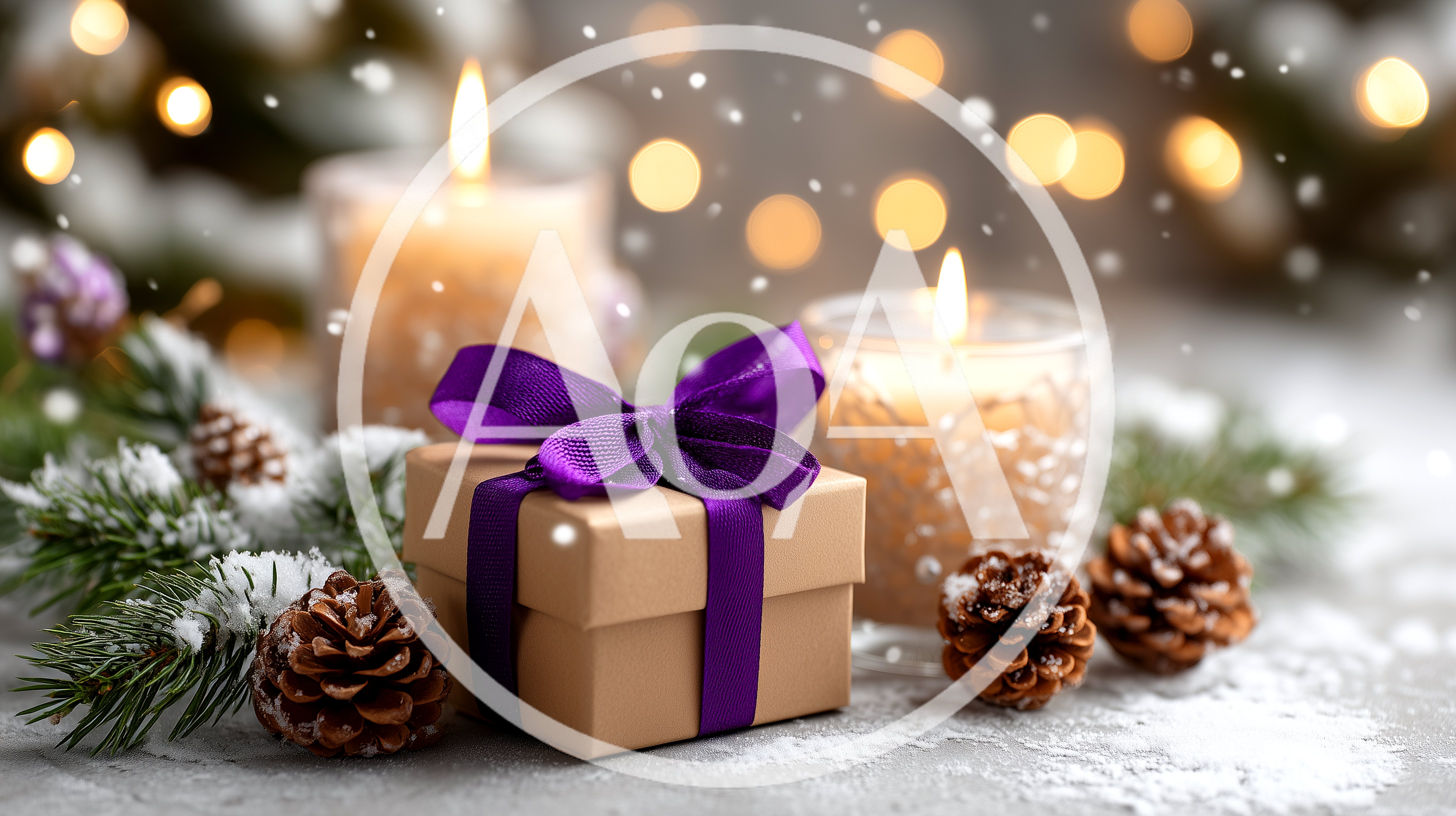 Christmas Gift Box With Purple Ribbon And Candles