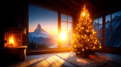 Cozy Cabin Interior With Christmas Tree And Mountain View