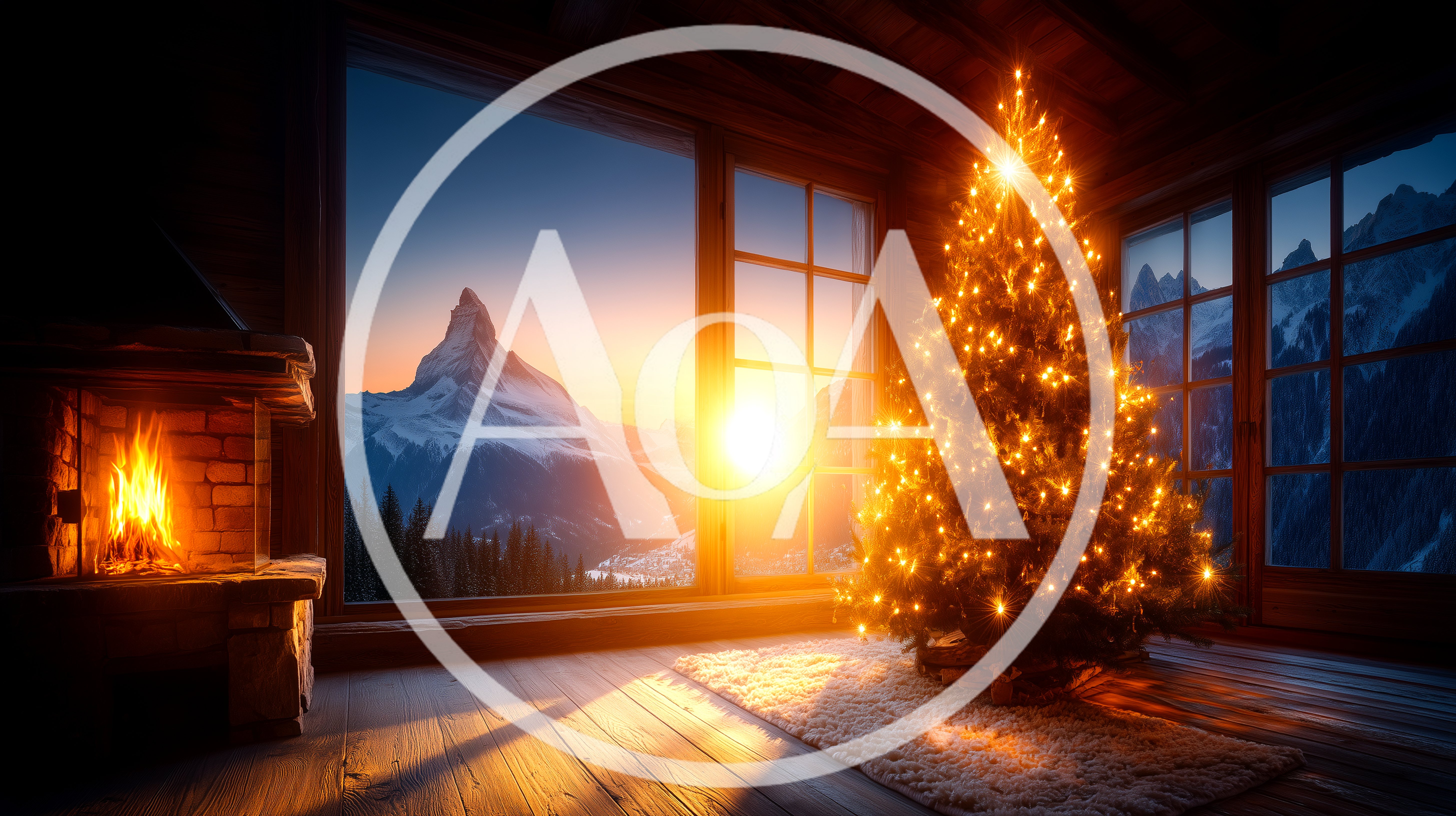 Cozy Cabin Interior With Christmas Tree And Mountain View
