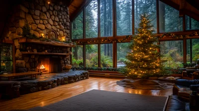 Cozy Cabin Living Room With Christmas Tree And Fireplace