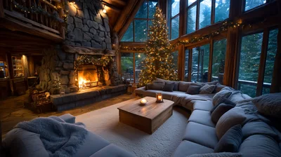 Cozy Log Cabin Living Room With Christmas Tree
