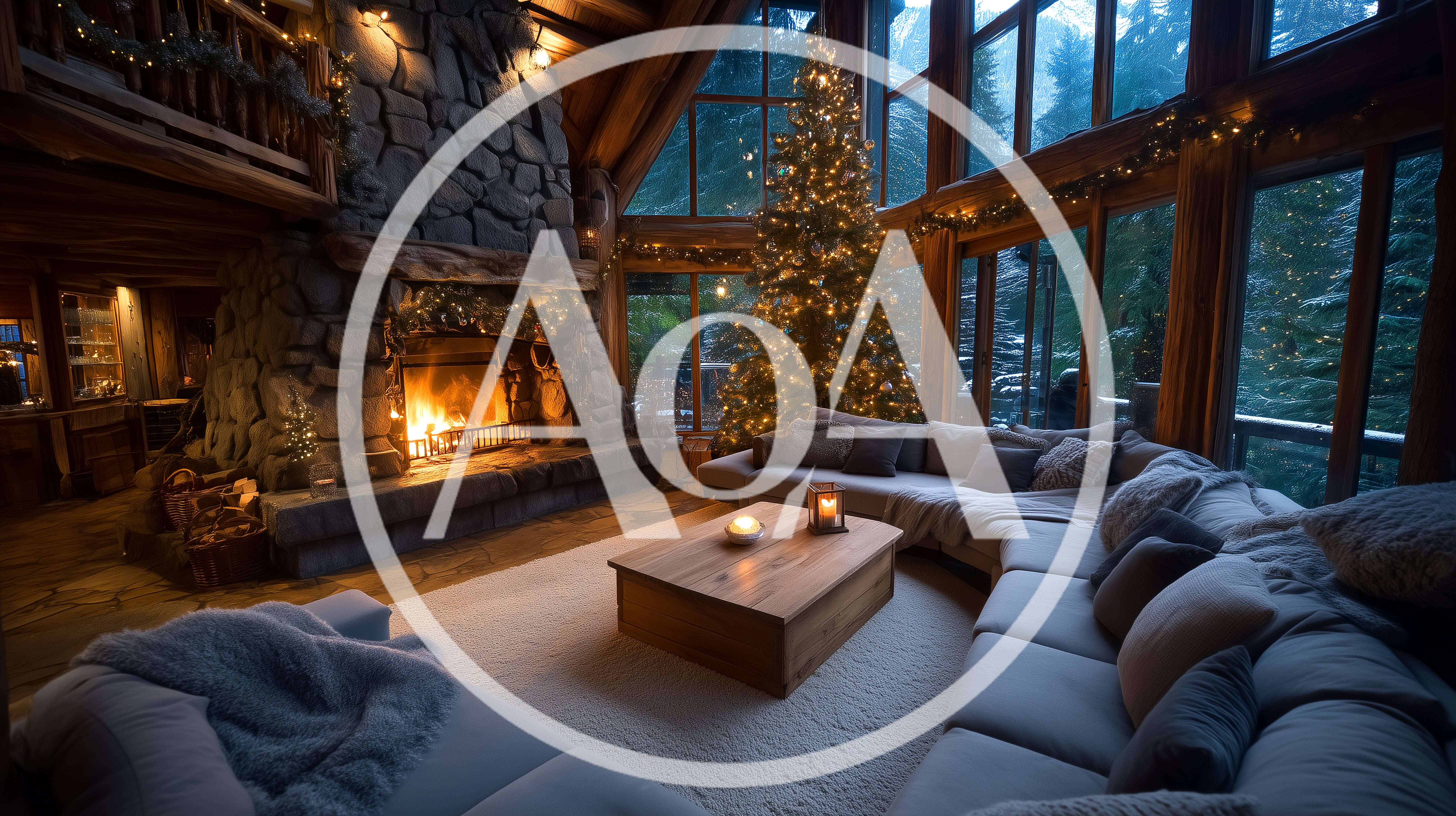 Cozy Log Cabin Living Room With Christmas Tree