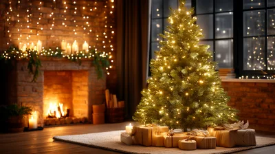 Cozy Christmas Living Room With Decorated Tree And Fireplace