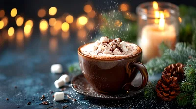 Hot Chocolate With Marshmallows And Festive Holiday Decor