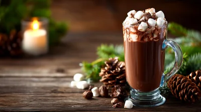 Hot Chocolate With Marshmallows In A Glass Mug