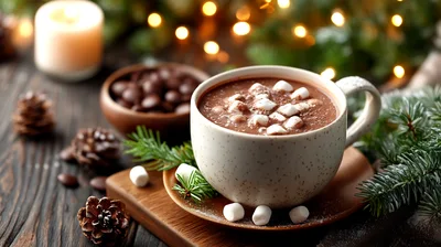 Hot Chocolate With Marshmallows On A Rustic Table