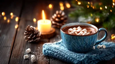 Hot Chocolate In Blue Mug With Marshmallows