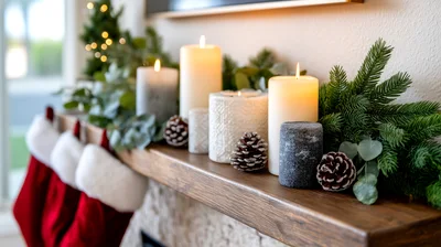 Christmas Fireplace Mantel Decorated With Candles And Stockings