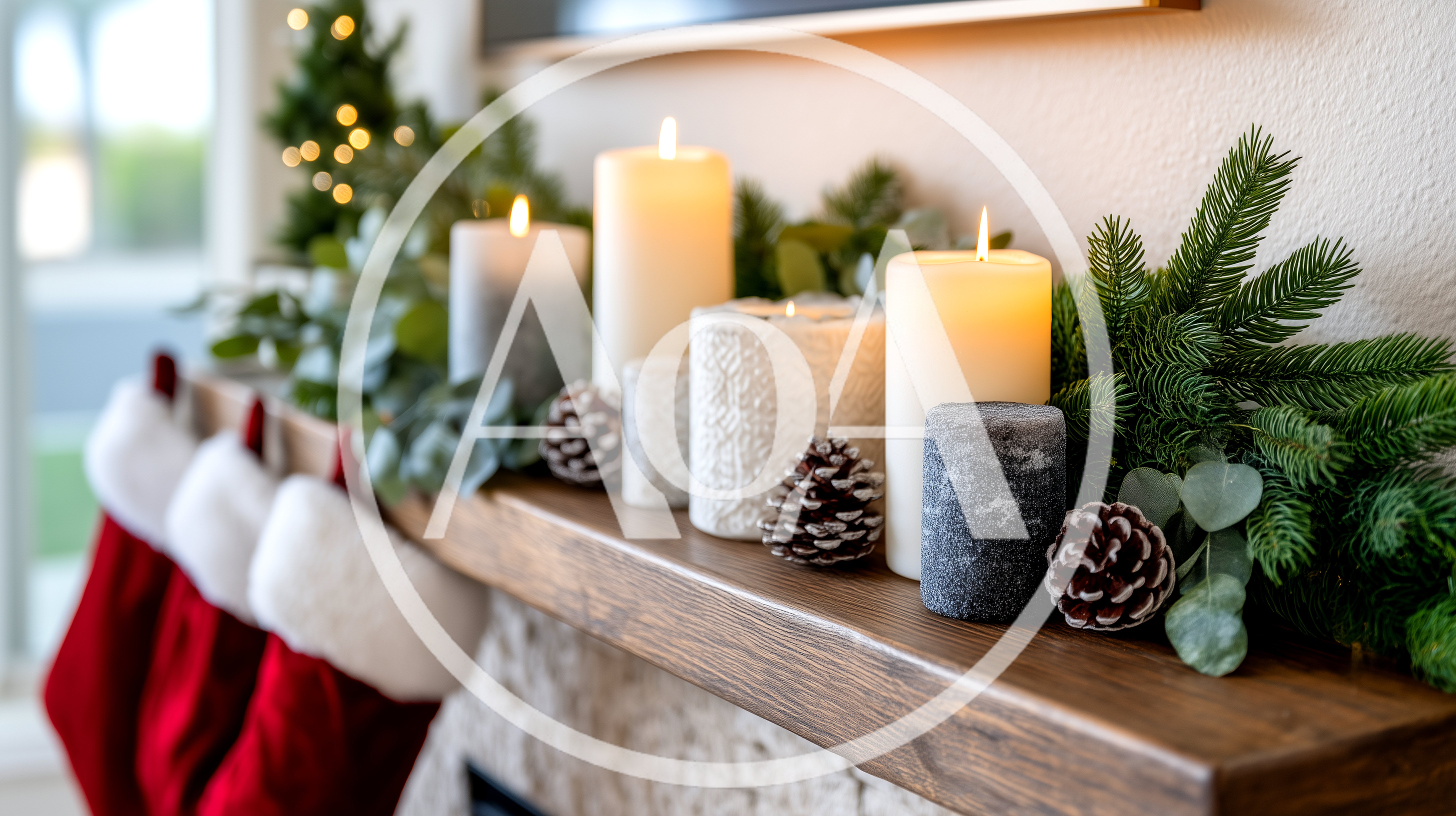 Christmas Fireplace Mantel Decorated With Candles And Stockings