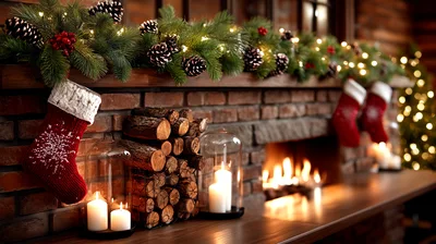 Christmas Fireplace Mantel Decorated With Stockings And Candles
