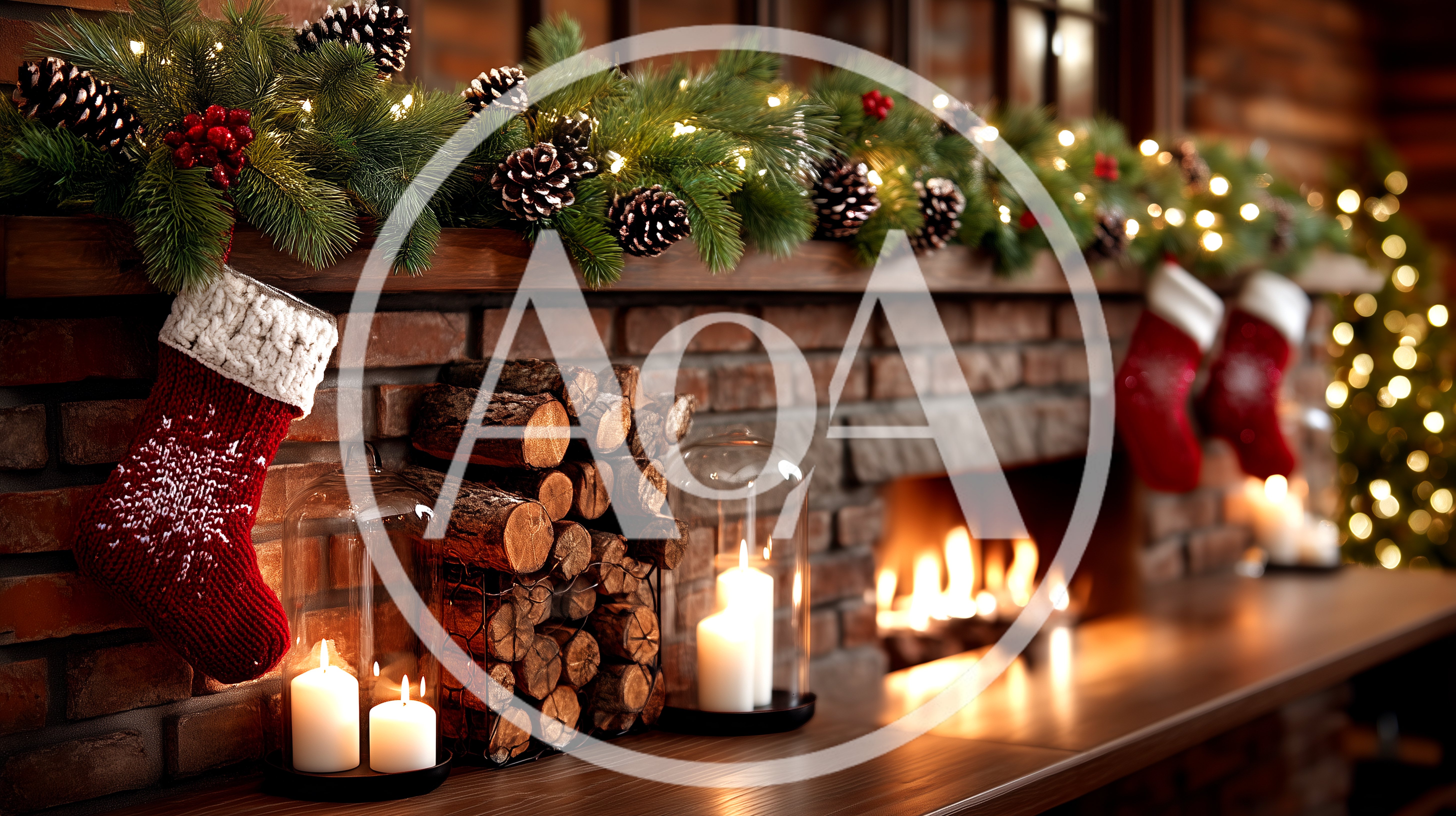 Christmas Fireplace Mantel Decorated With Stockings And Candles