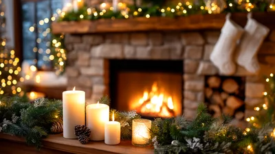 Christmas Fireplace Mantel With Candles And Stockings