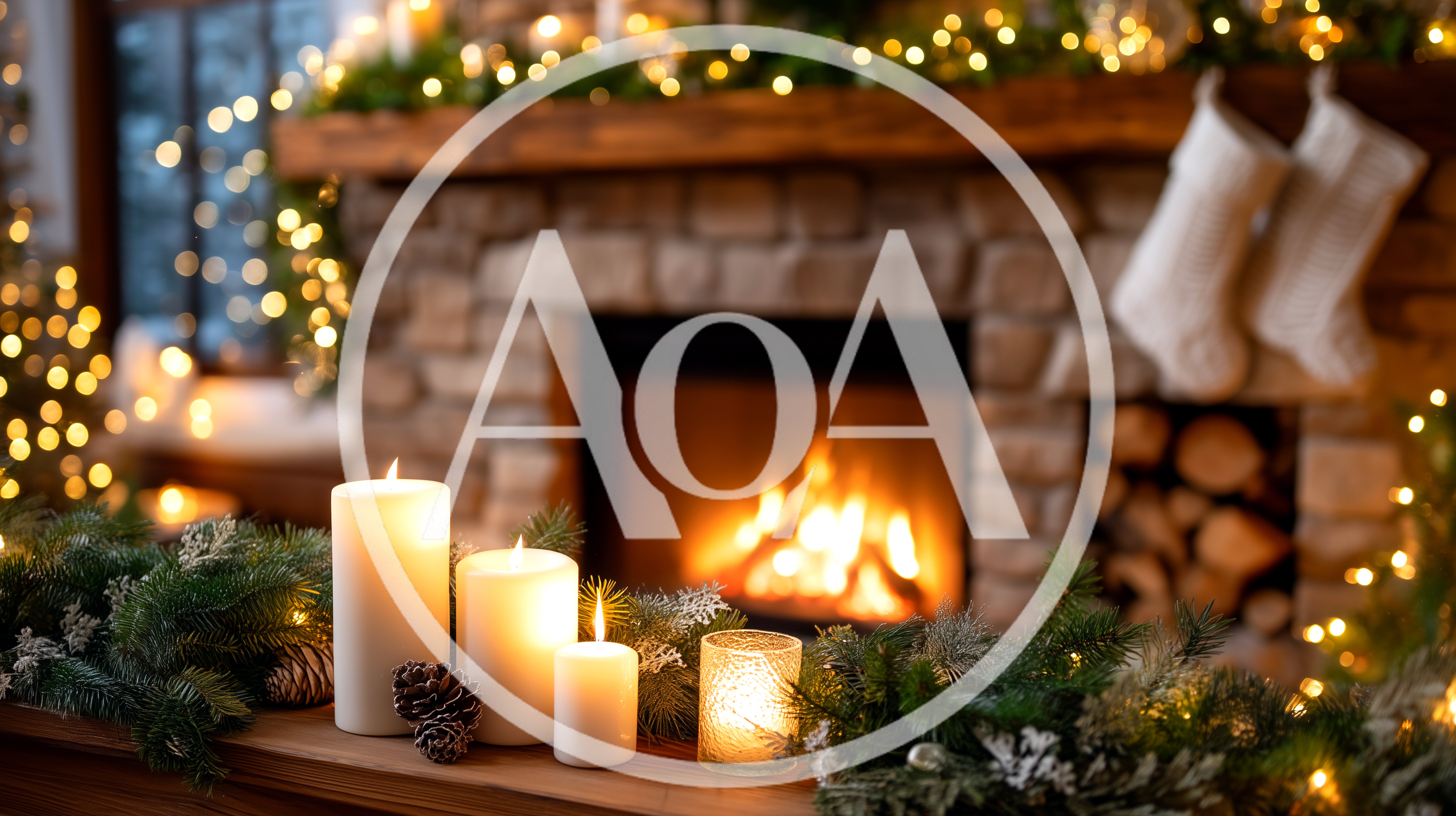 Christmas Fireplace Mantel With Candles And Stockings