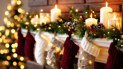 Christmas Stockings Hanging On A Decorated Fireplace Mantel