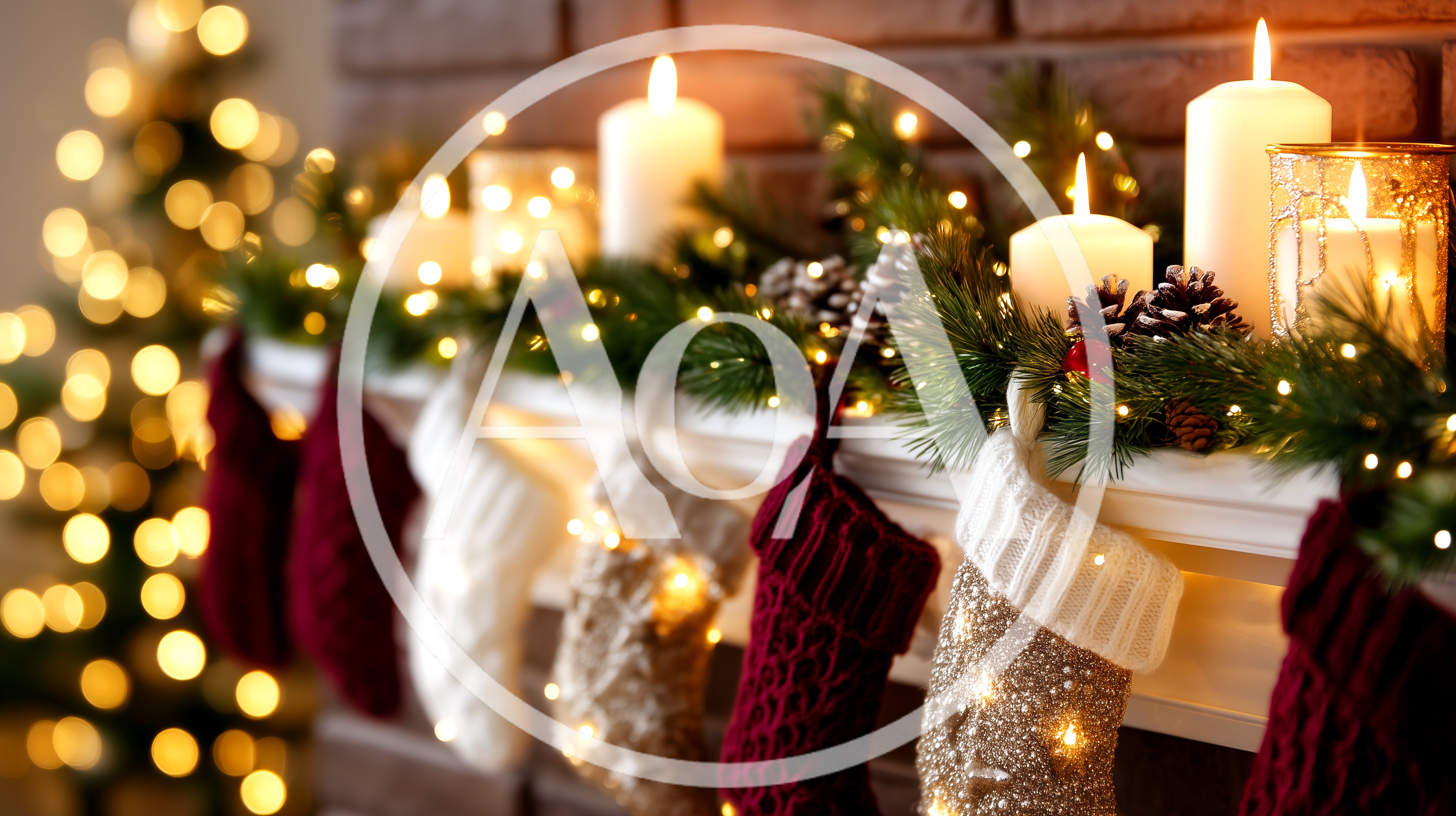 Christmas Stockings Hanging On A Decorated Fireplace Mantel