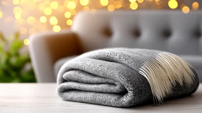 Folded Gray Wool Blanket On Wooden Table