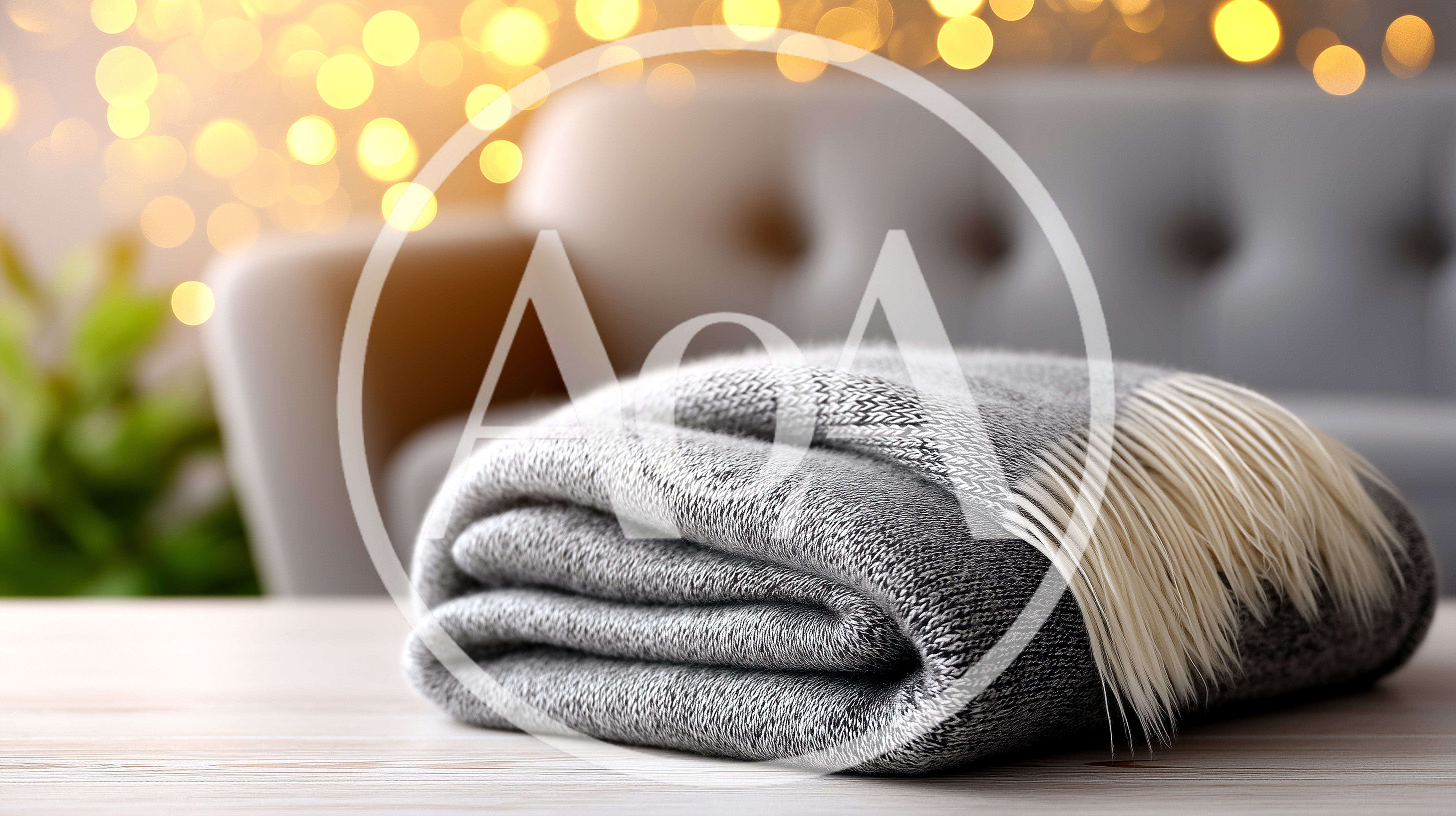 Folded Gray Wool Blanket On Wooden Table