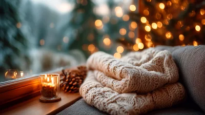 Cozy Winter Window Scene With Knit Blanket And Candle