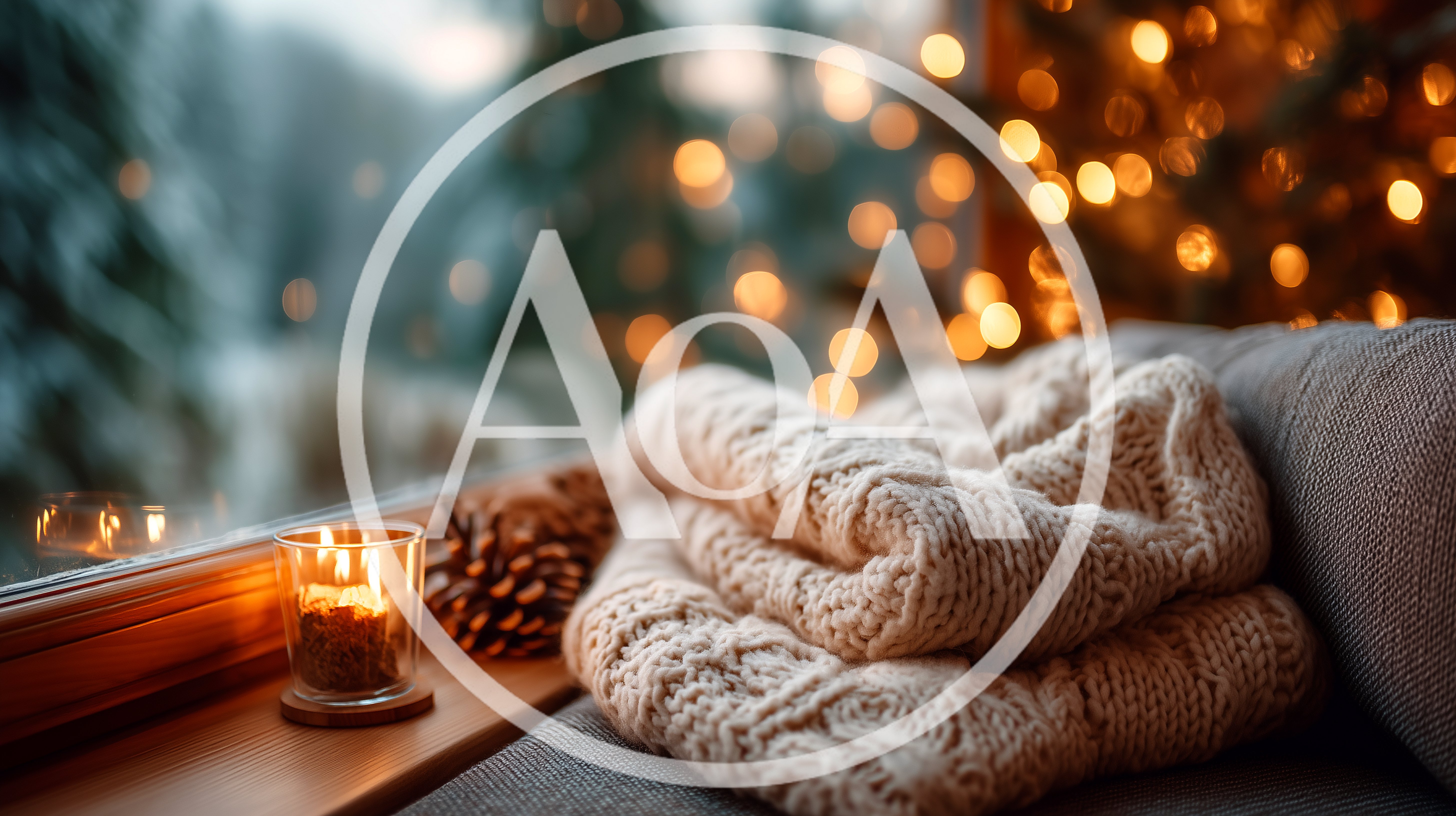 Cozy Winter Window Scene With Knit Blanket And Candle