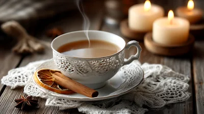 Steaming Cup Of Spiced Tea With Cinnamon And Orange