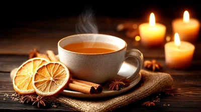 Steaming Cup Of Spiced Tea With Cinnamon And Oranges