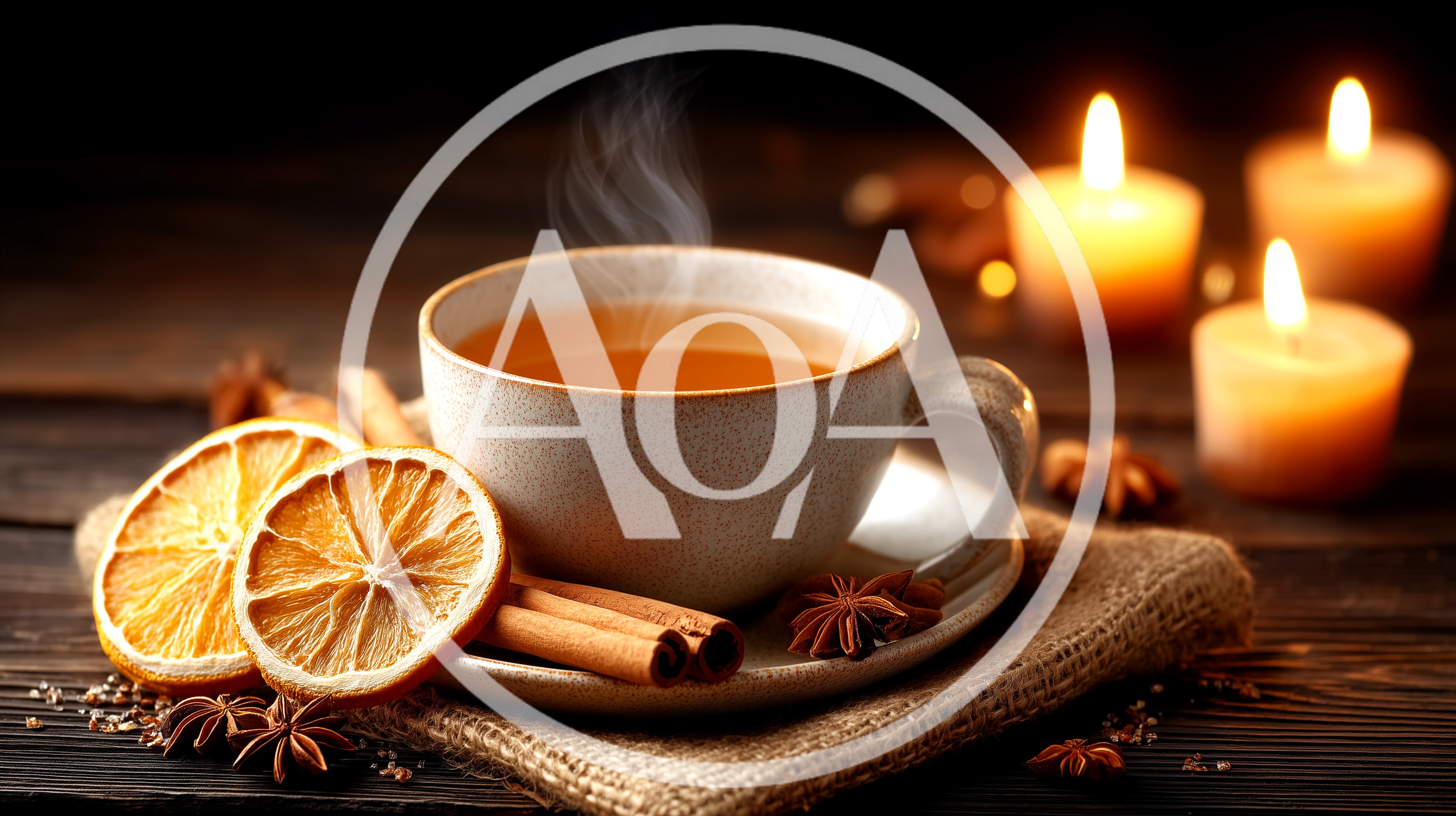 Steaming Cup Of Spiced Tea With Cinnamon And Oranges