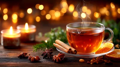 Steaming Cup Of Spiced Tea With Holiday Decorations