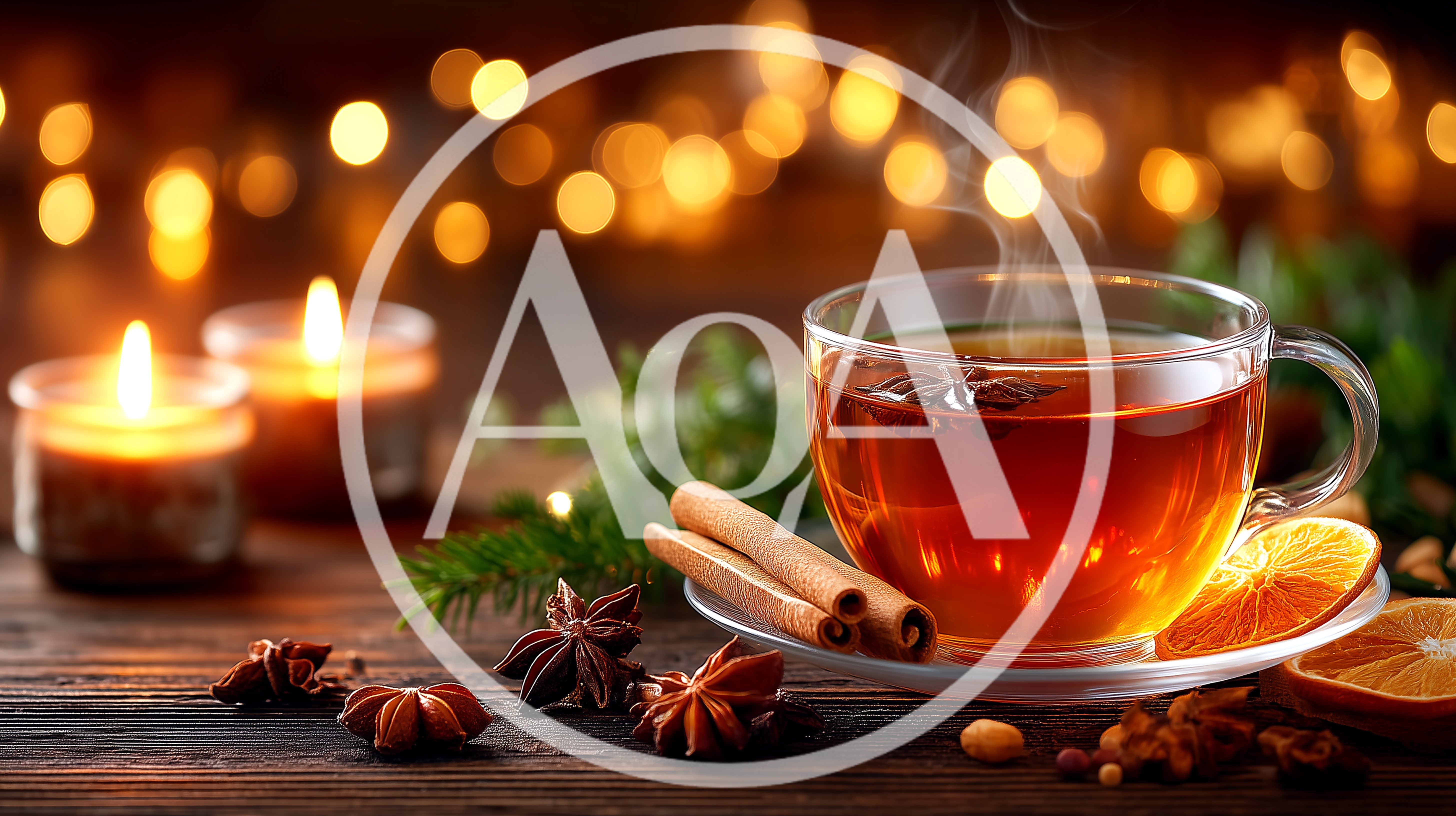 Steaming Cup Of Spiced Tea With Holiday Decorations