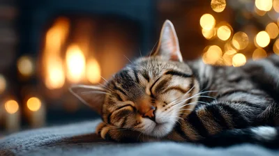 Tabby Cat Sleeping Peacefully By A Warm Fireplace