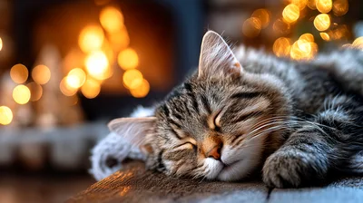 Tabby Cat Sleeping Peacefully By A Warm Fireplace