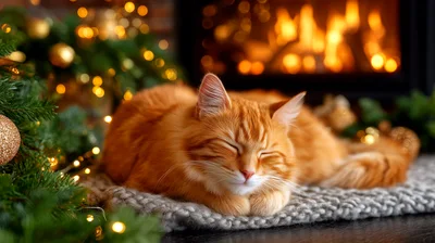 Fluffy Ginger Cat Sleeping By A Cozy Christmas Fireplace