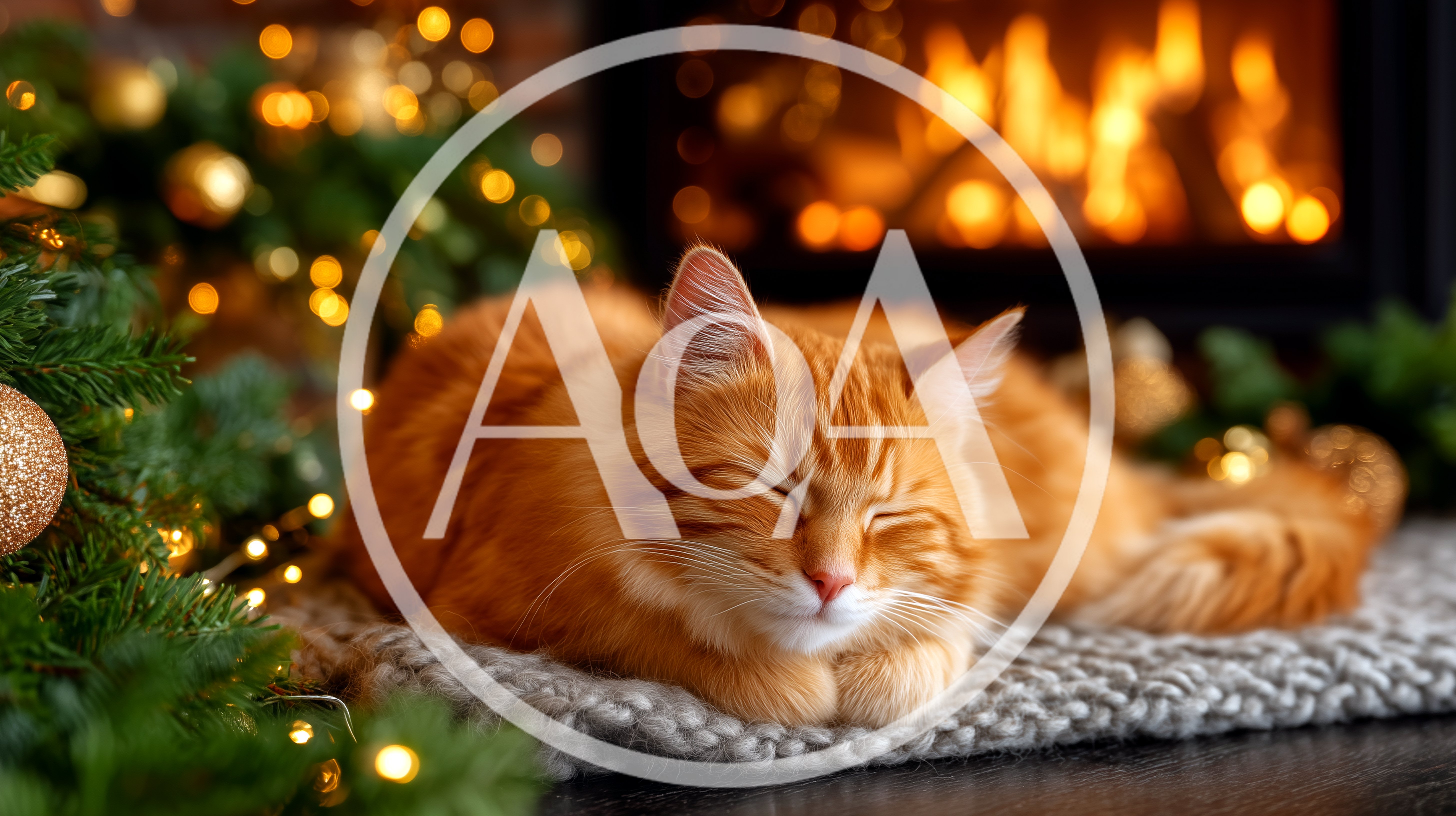Fluffy Ginger Cat Sleeping By A Cozy Christmas Fireplace