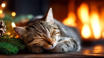 Tabby Cat Sleeping By A Warm Cozy Fireplace