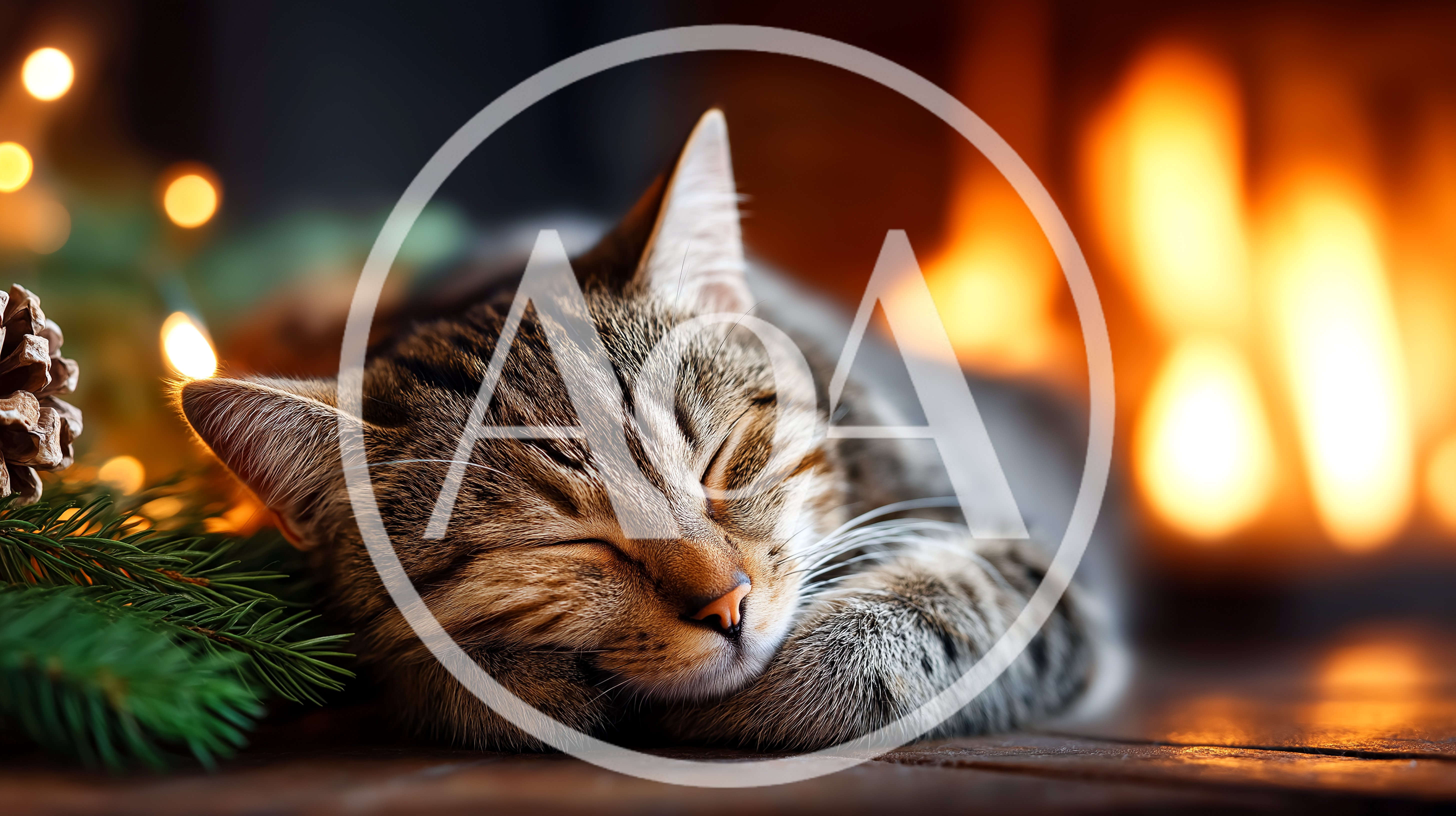 Tabby Cat Sleeping By A Warm Cozy Fireplace