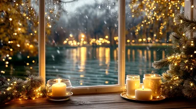 Cozy Winter Window View With Candles And Christmas Lights