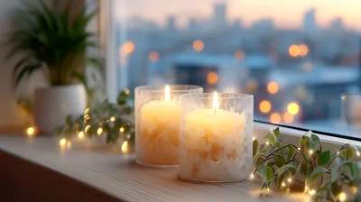 Two Lit Candles On A Window Sill At Twilight