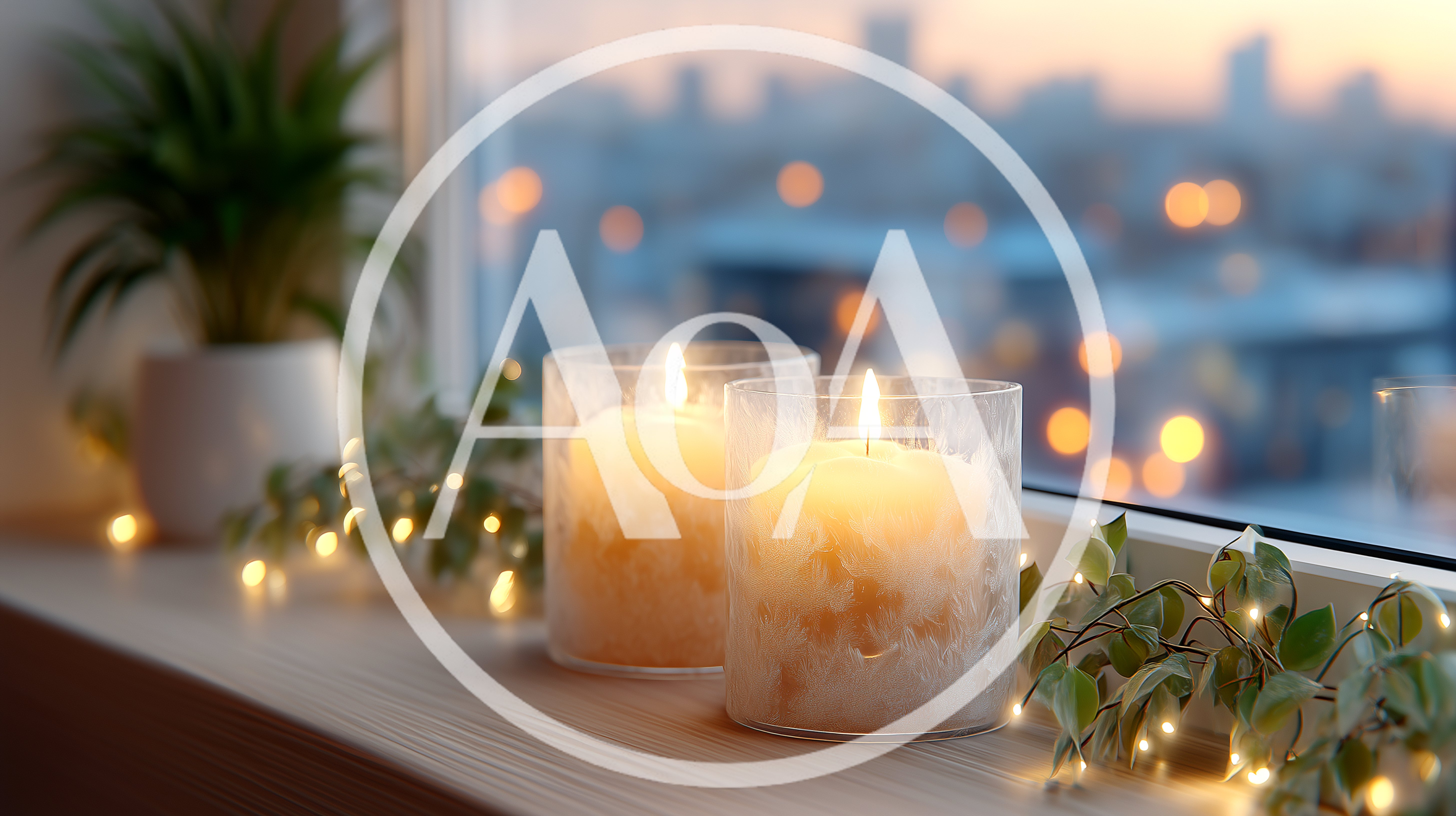 Two Lit Candles On A Window Sill At Twilight