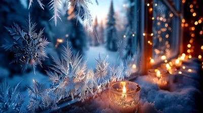 Candlelight Glowing On A Frosty Winter Window Sill