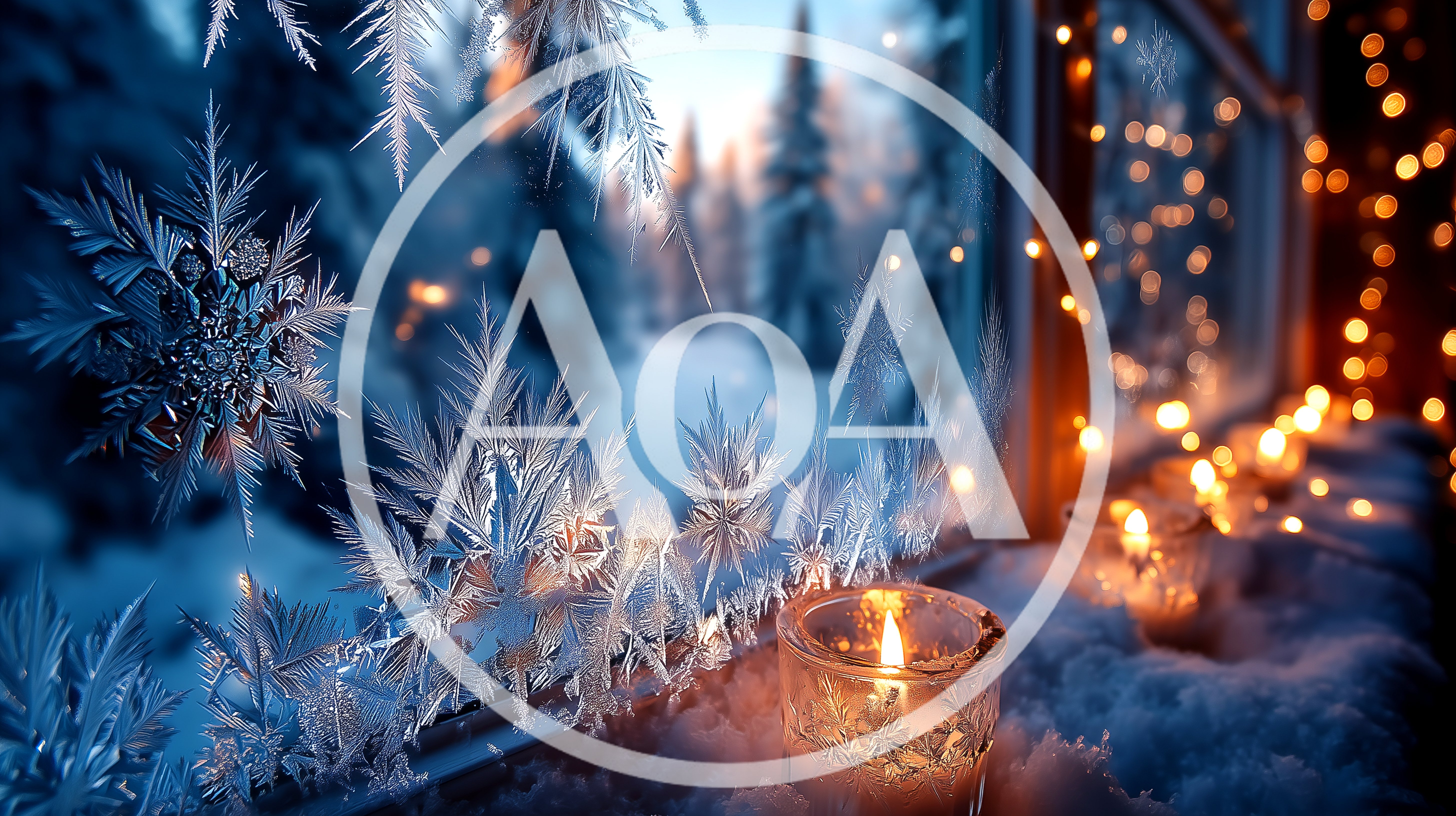 Candlelight Glowing On A Frosty Winter Window Sill