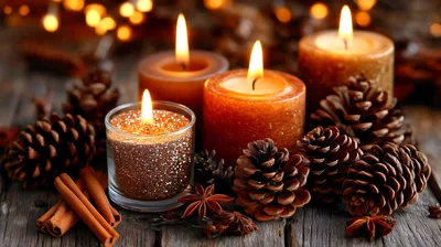 Festive Christmas Candles With Pinecones And Cinnamon Sticks