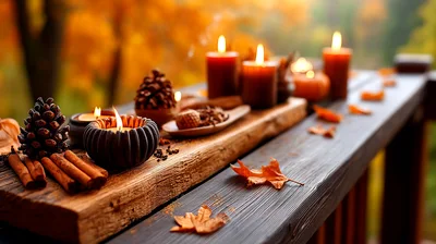 Autumnal Tabletop Decor With Candles And Cinnamon Sticks
