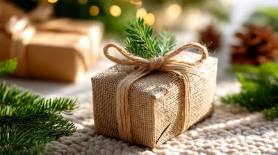 Rustic Christmas Gift Wrapped In Burlap With Pine Sprig