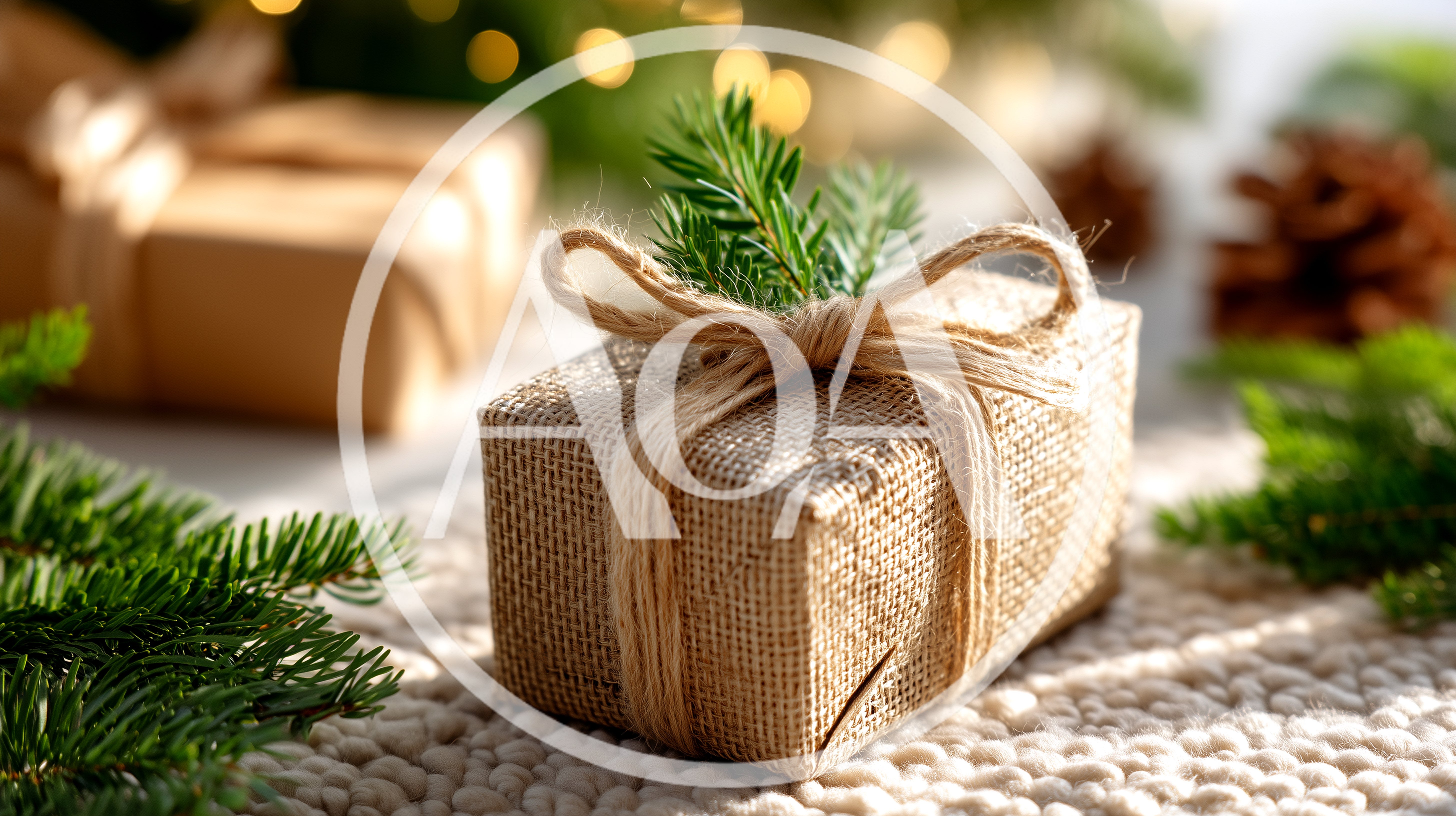 Rustic Christmas Gift Wrapped In Burlap With Pine Sprig