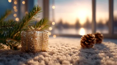 Golden Glitter Gift Box With Pine Cones