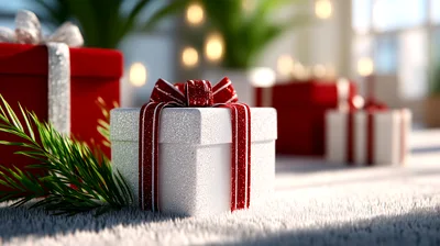 White And Red Christmas Gift Boxes On Carpet