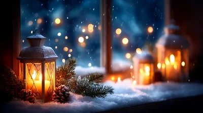 Christmas Lanterns On A Snowy Window Sill