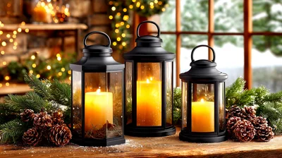 Three Black Lanterns With Candles And Christmas Decor