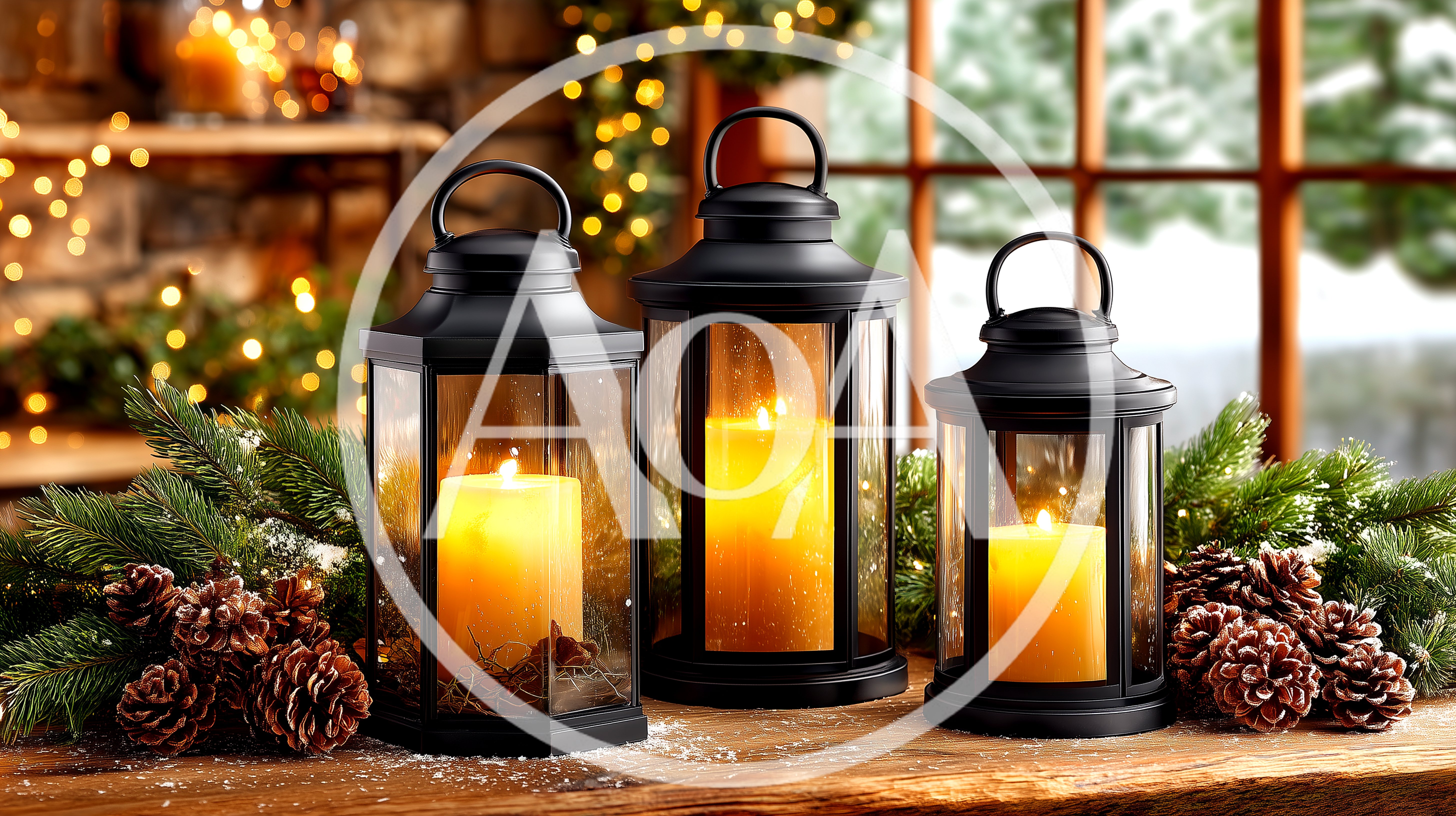 Three Black Lanterns With Candles And Christmas Decor