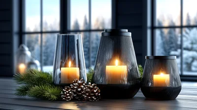 Three Lit Candles In Glass Lanterns With Pine Decor